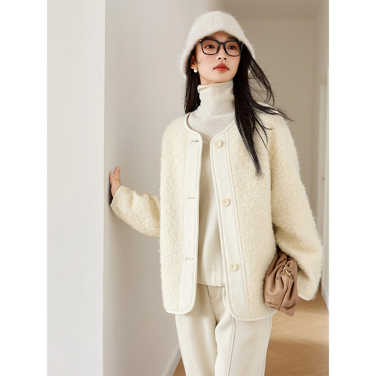 VIMLY 여성용 울 코트 우아한 2025 겨울 캐주얼 라운드 넥 트위드 코트 긴 소매 패딩 퀼트 루즈 여성 재킷 M9531