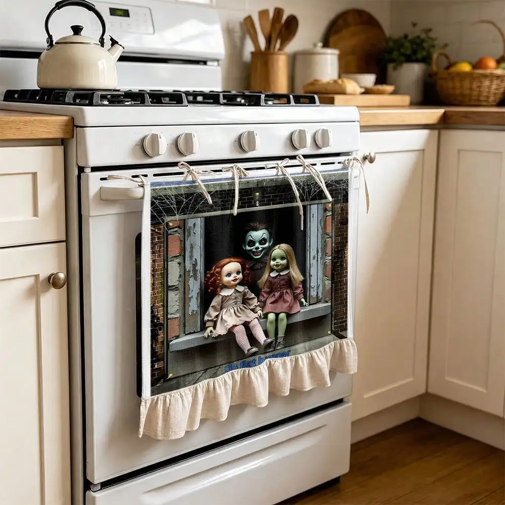 2D Halloween Horror Dolls Pattern Multifunctional Decorative Curtain, Suitable Kitchen Valance, Oven Cover, Washing, Dishwasher, Bathroom Window Treatment, And Kitchen, Halloween Kitchen Apron