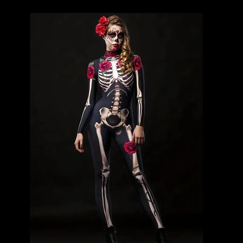 Halloween Girls Ghost Bride Theme Party Dress Costume Women's Skeleton Rose Pattern Printed Skeleton Long Sleeve Jumpsuit Party