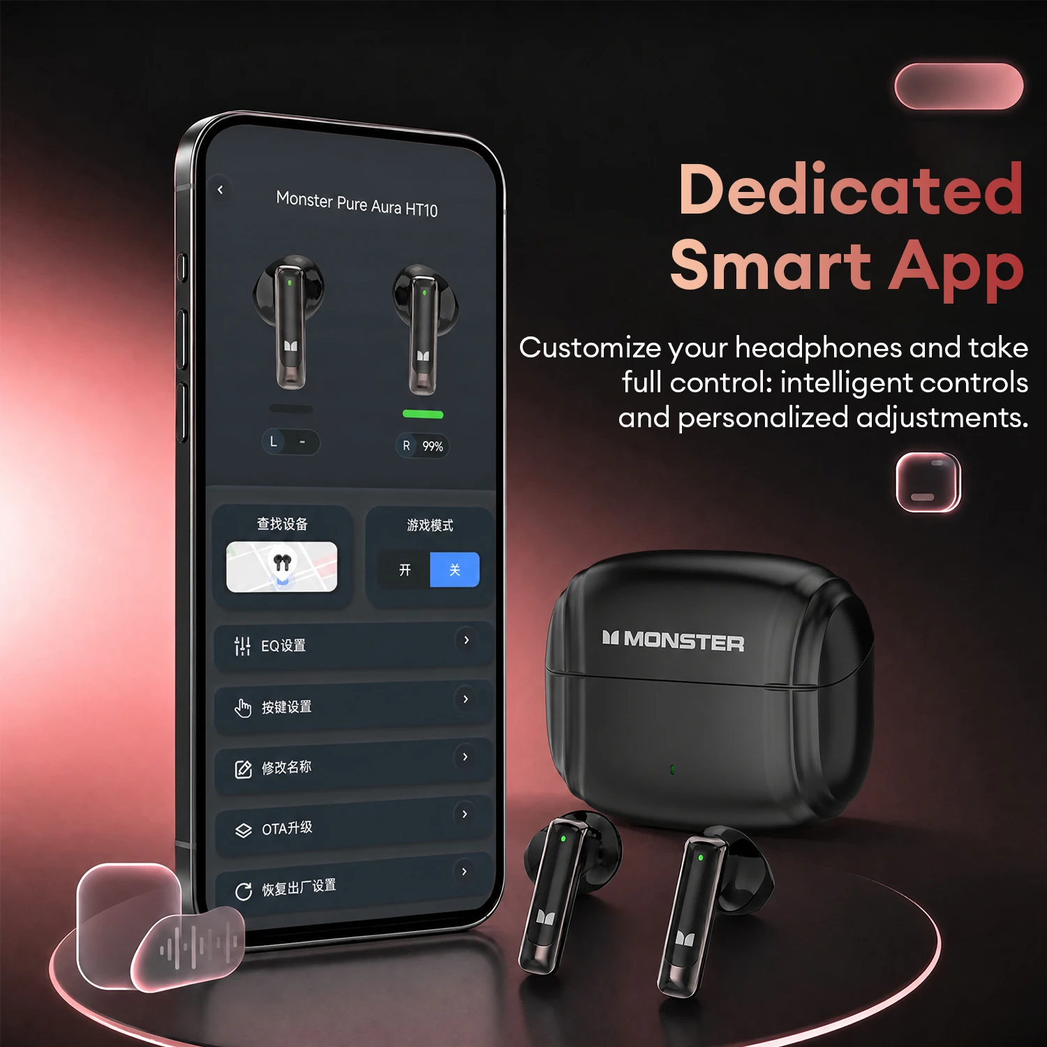 Monster HT10 TWS Bluetooth 6.0 Headphone ENC Noise Cancelling Smart Game Mode App Wireless Headset IPX4 Waterproof Sport Earbuds