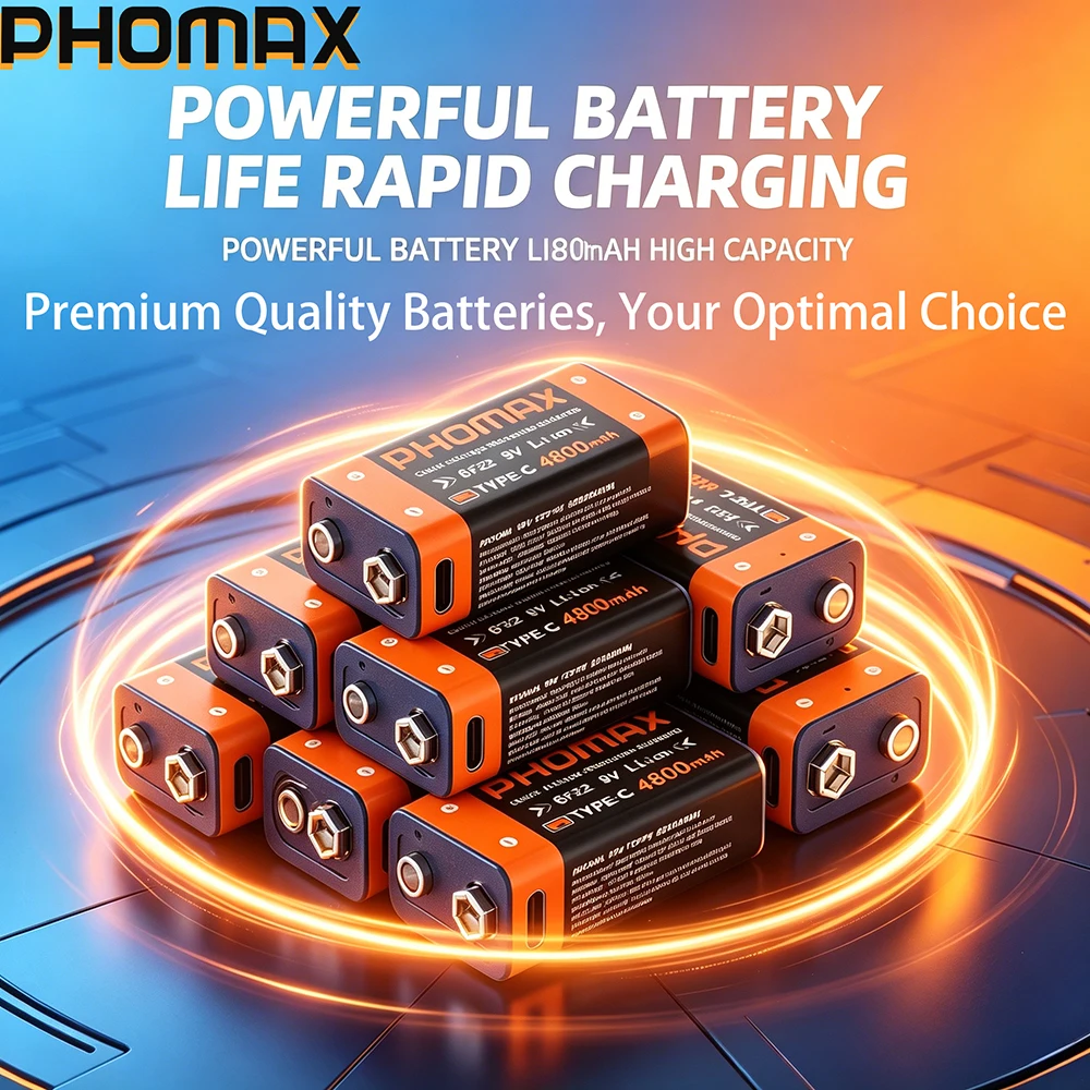 

PHOMAX USB 9V Rechargeable Battery 1-32PCS 4800mWh Type-C Rechargeable 6F22 9V Li-ion Batteries For Model Multimeter Toy