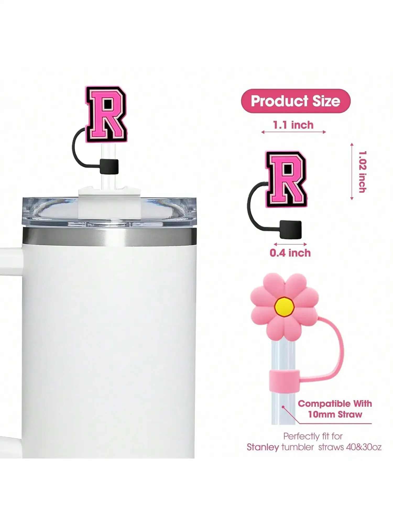 4Pcs Designed for Stanley Cup Accessories 30&40 Oz, 2Pcs Silicone Straw Cover, Initial Name ID Letter Handle Charm