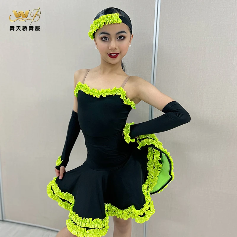 

Green Latin dance practice suit for girls, children's professional competition suit, high-end feeling, full-length skirt, perfor