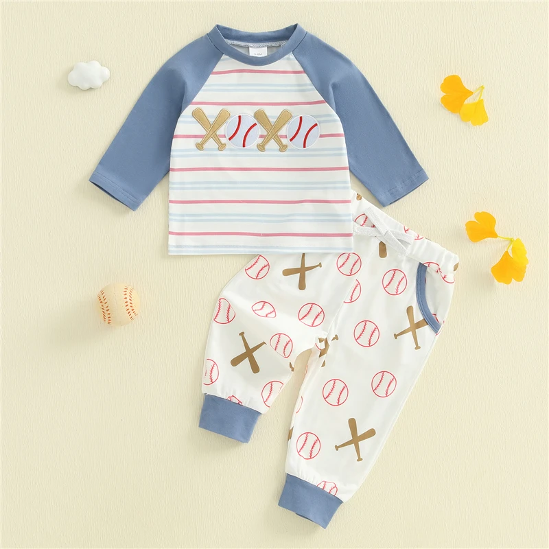 

Baby Boy Fall Outfit Baseball Embroidery Striped Long Sleeve Shirt and Elastic Pants Set for Toddler Clothes