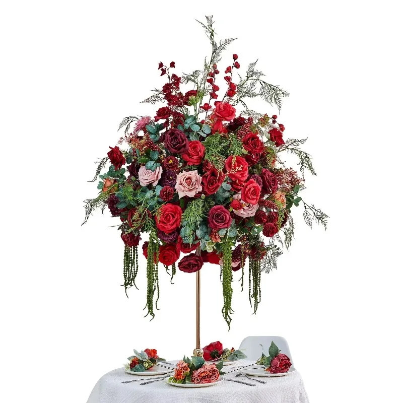 

D-9 new hanging green plant background red flower wedding center decoration arch floral arrangement