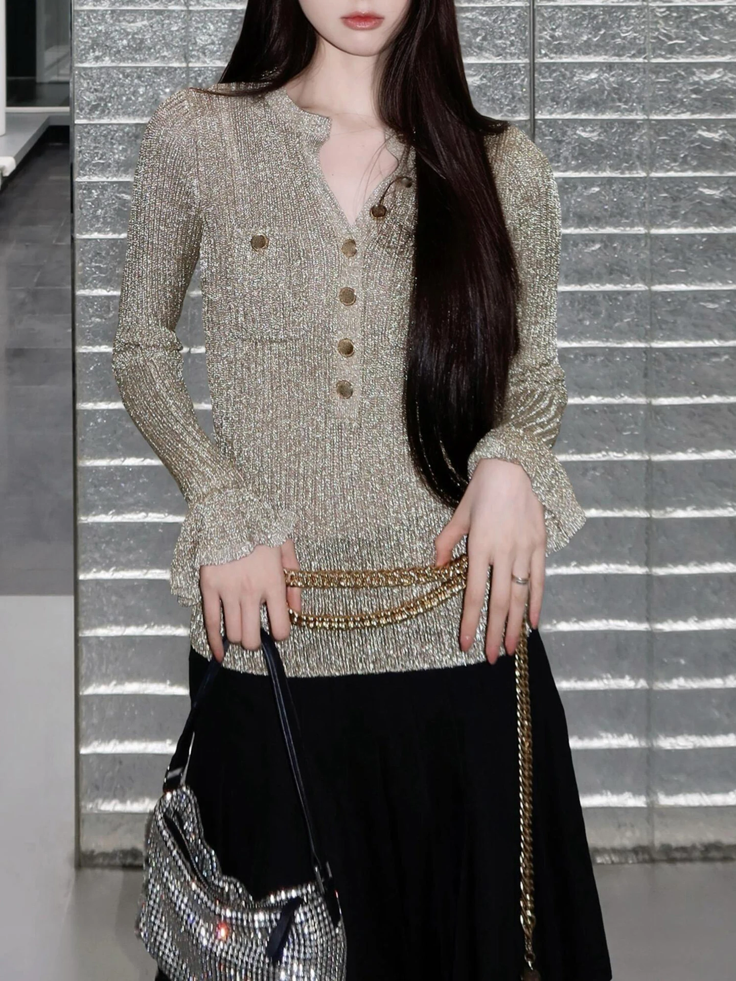 

Slim Fit iny Tead Waist Chain Knitted Top Women's Faion Autumn Winter Retro Sle SP Home South Oil High End Clothing