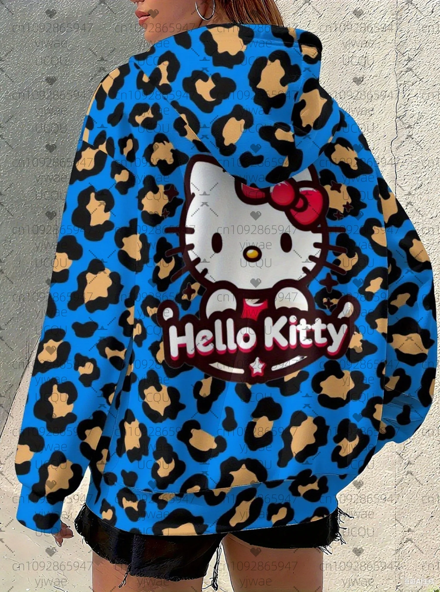 Damska bluza z kapturem 2025, luźna bluza z nadrukiem panterki i kotka, uniwersalna bluza na zewnątrz, topy dla dziewcząt i kobiet, odzież damska.