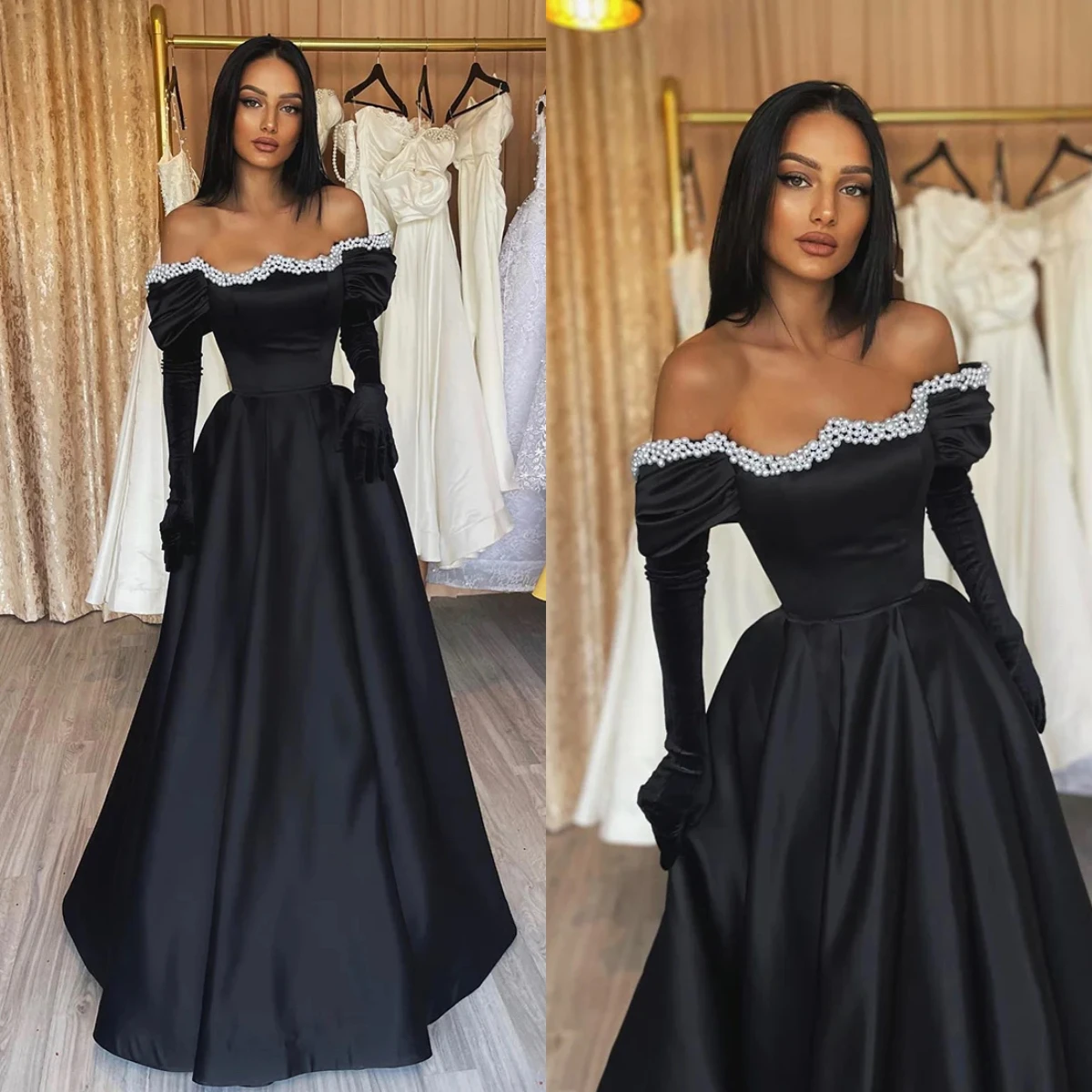 2024 Off-The-Shoulder Black Prom Dresses Pearls Satin Dubai Long Party Dress Luxury Arabic Women's Banquet Formal Evening Gowns