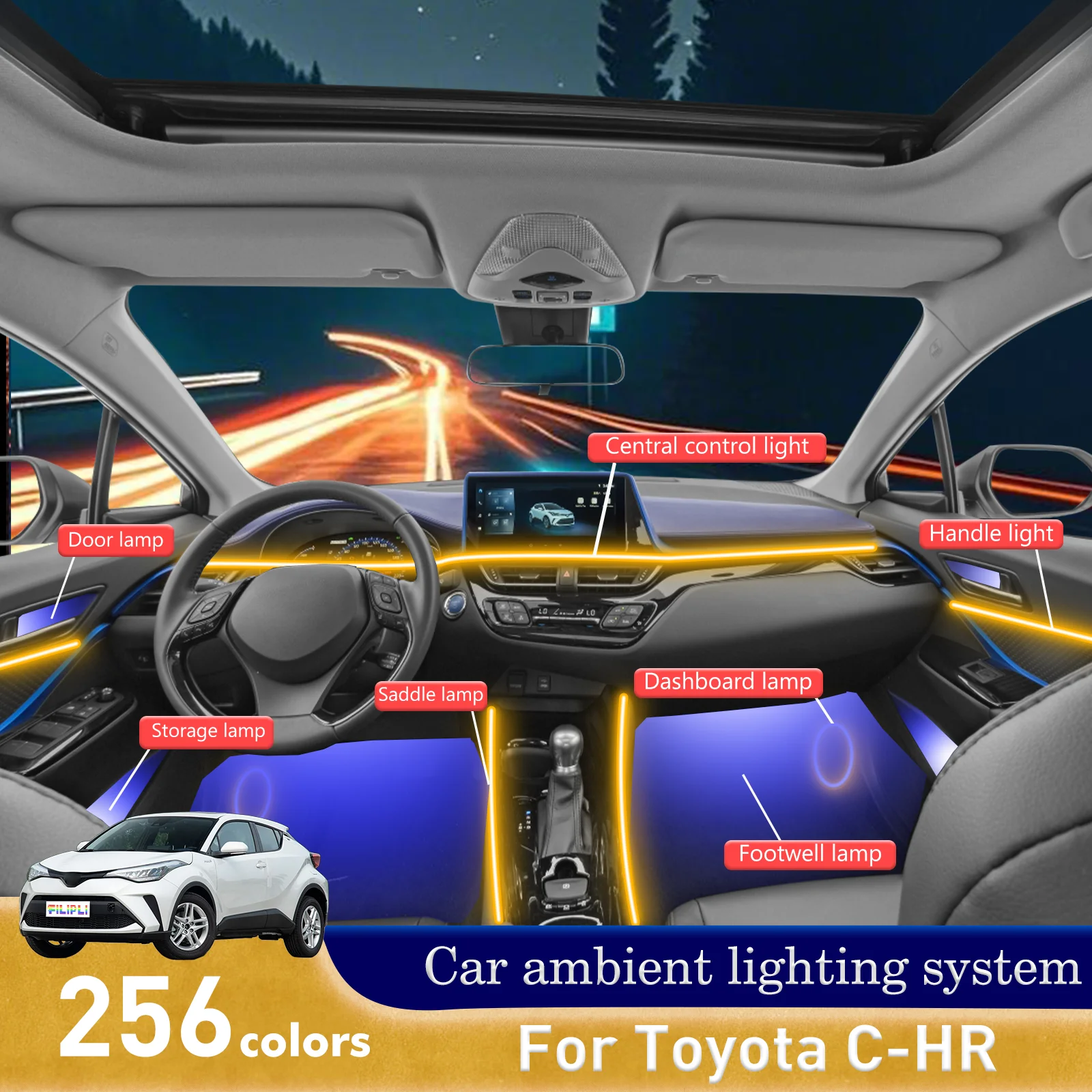 

For Toyota C-HR Car Interior Decorative Ambient Light RGB 64-Color LED Smart Remote Control Energy Saving Efficient Set