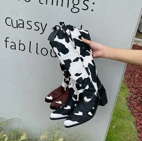 الشتاء النساء أسود براون البقرة طباعة الحصان الفراء أشار تو كتلة كعب حذاء برقبة للركبة أنثى أنبوب الانزلاق على الترفيه أحذية طويلة الأحذية