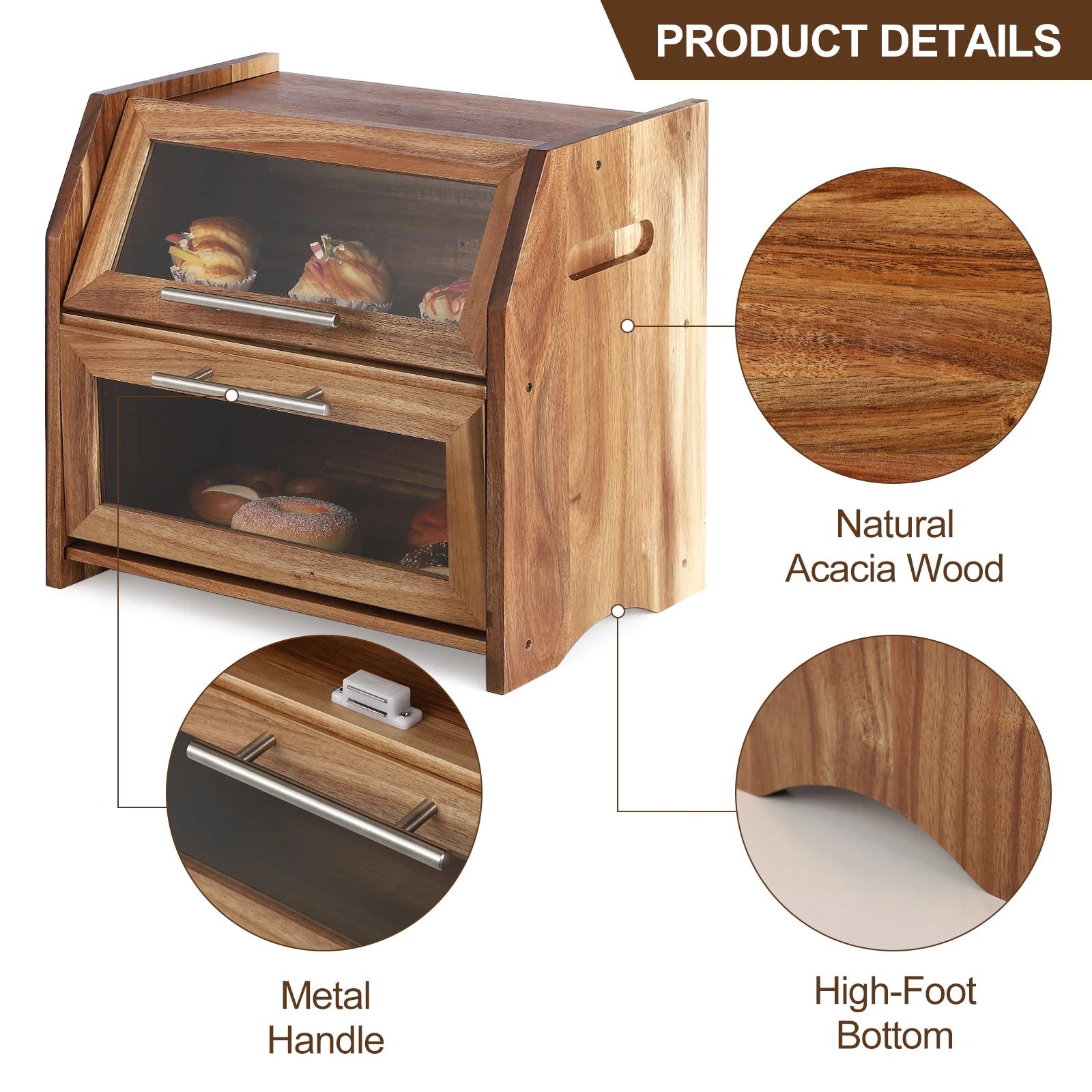 2 Layer Bread Box, Large Bread Bin with Clear Door Panels, Air Vents, Farmhouse Acacia Wood Bread Storage Container, Kitchen Countertop Bread Holder for Bread, Bagels and Rolls, Brown
