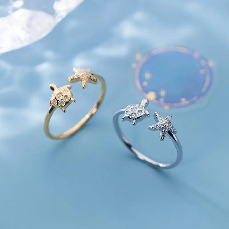 

VENTFILLE 925 Sterling Silver Korean Version of The Cute Turtle Starfish Womensmall Fresh and Simple Zircon Ring