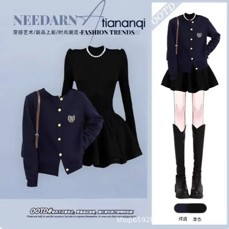 Fashion Women's Set Spring and Autumn Embroidered Knitted Cardigan Black High Waist A-line Skirt Two Piece Set view 4