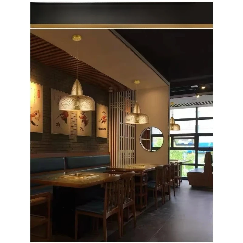 Brass perforated pendant light, laser cut dome shaped lampshade, decorative art pattern,