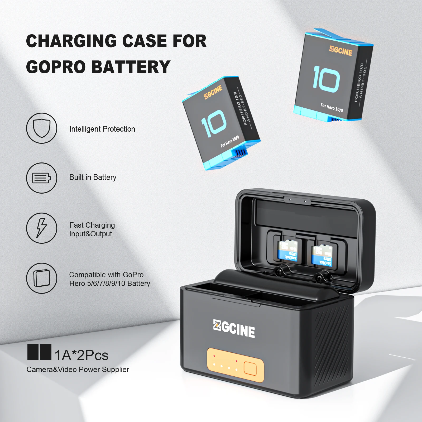 ZGCINE-Mini cargador inteligente para GoPro 10 9, caja de carga, 5200mAh, Banco de energía, lector de tarjetas TF, caja de almacenamiento de batería