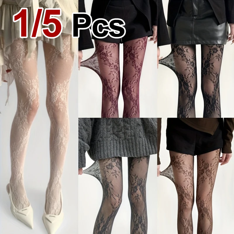 1/5 Stück Retro Durchbrochene Blumen Damen Netzstrumpfhose Modische Sexy Jacquard Atmungsaktive Bequeme Lässige Lange Socken