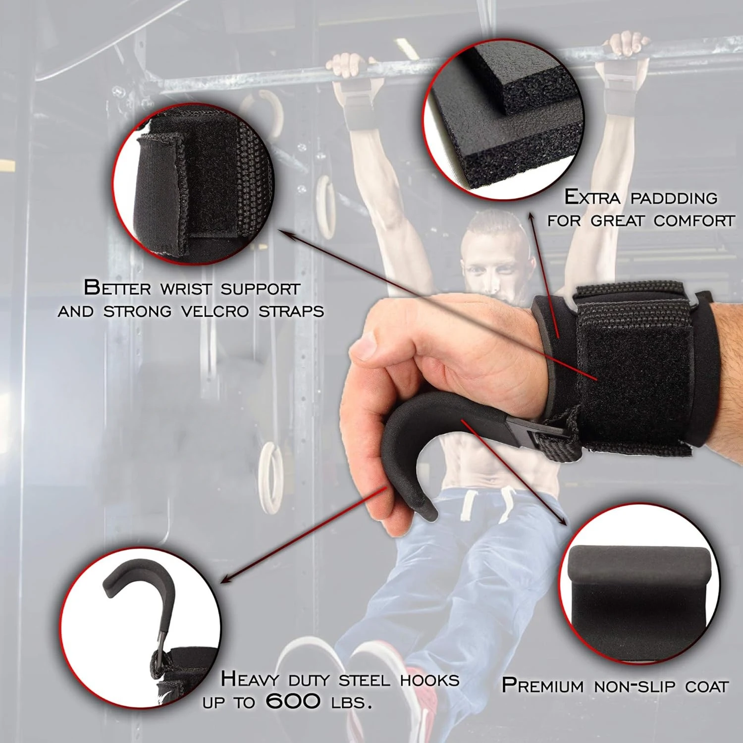 Gants Deadlift et coussinets de poignée dermatin, entraînement de puissance de gymnastique, crochets de poignet d\'haltérophilie, sangles pour un