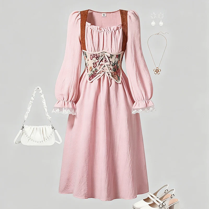 2023 herbst Neue Kinder Kleidung Mädchen Prinzessin Kleid Einfarbig Beige Quadrate Kragen Langarm Strappy A-line Kleid Für Mädchen – Detail 13