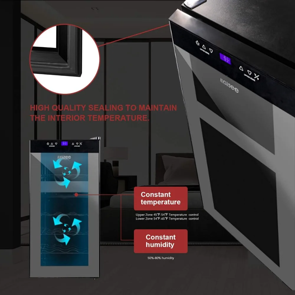 Weinkühlschrank mit zwei Zonen, 18 Flaschen Weinkühler, Kühlschrankkühler, obere Zone 46f-54f, untere Zone 54f-65f