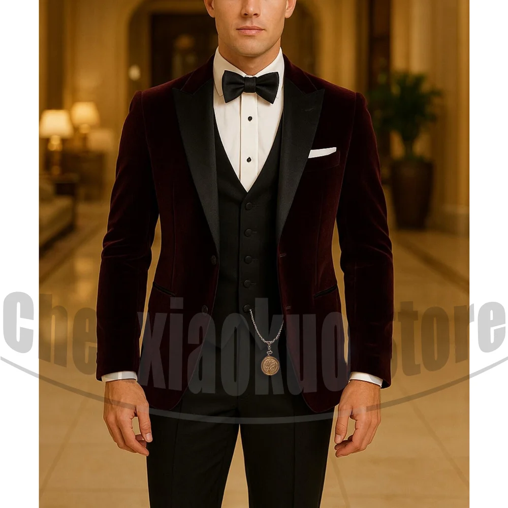 

Men's Burgundy Velvet Tuxedo Set with Black Peak Lapel Single Breasted Formal Wedding Groom Party Outfit Slim Three Piece