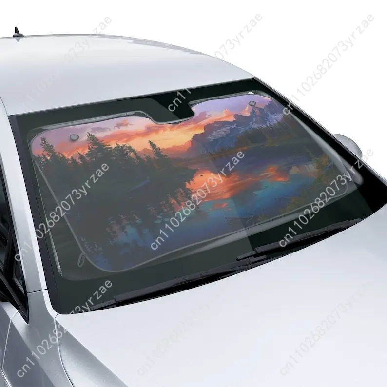 

Sunset Mountain Lake Car Sun Shade Good Heat Insulation Effect Windshield Sunshade Portable Waterproof Easy Clean Car Accessory