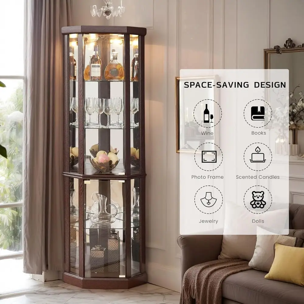 70 Glass Curio Cabinet with 5 Adjustable Shelves, Tempered Glass Door, Cherry Finish view 6