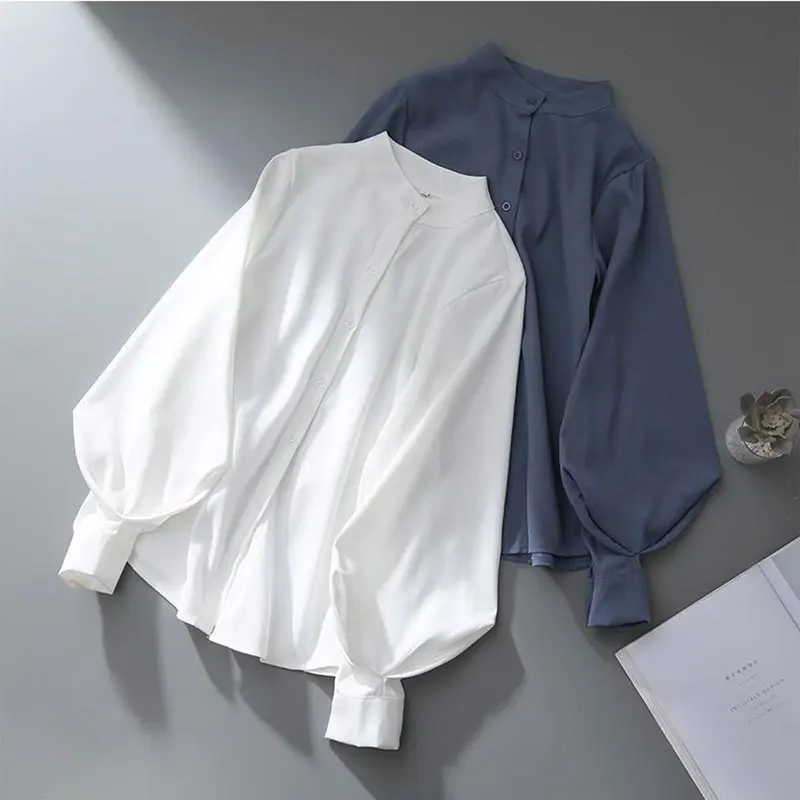 Blue Lantern Sleeve Stand Collar Office Lady Solid Casual monopetto camicetta da donna camicia abbigliamento femminile top Fashion 2024