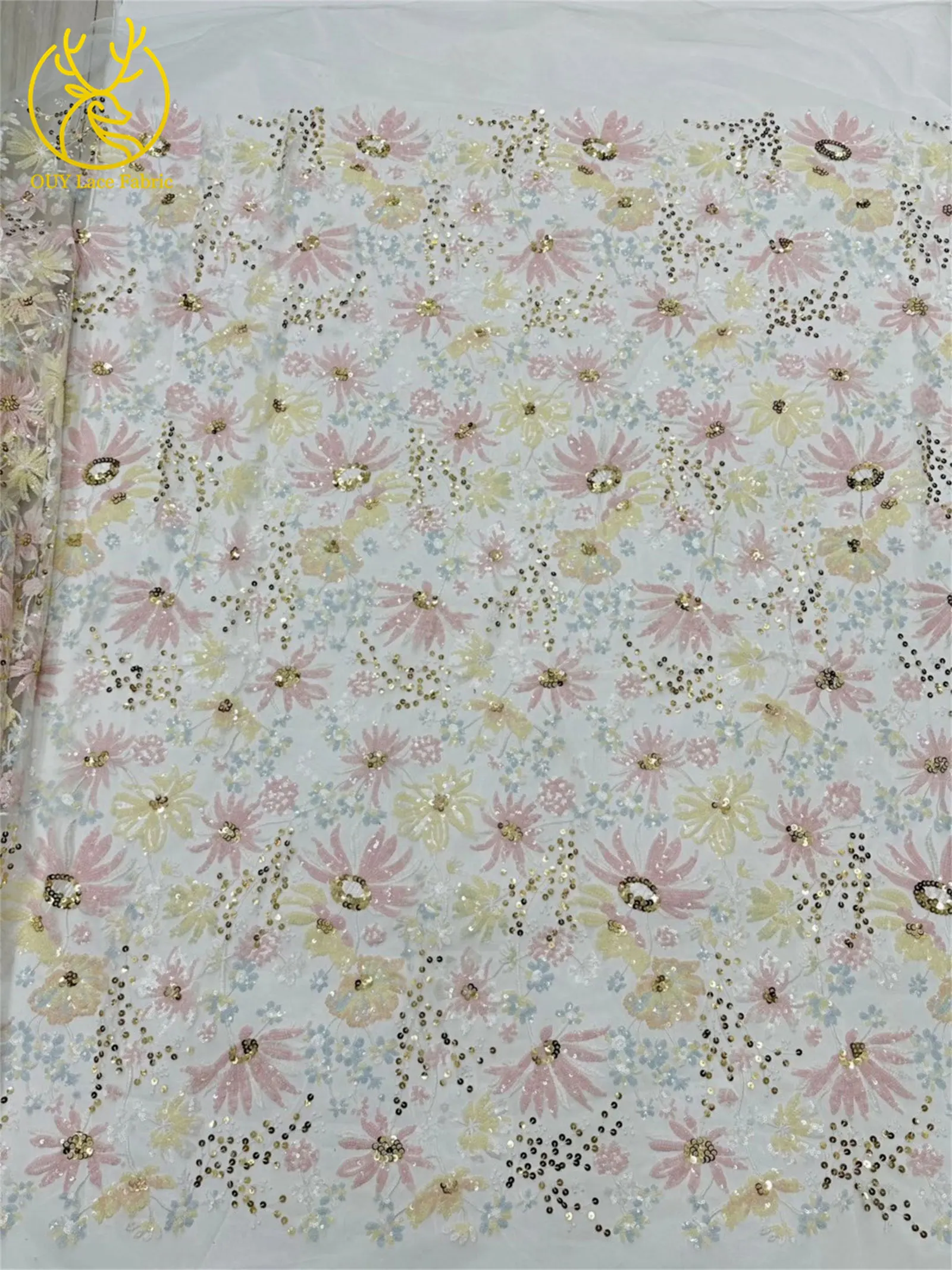 5 Yards des neuesten afrikanischen Pailletten bestickten Spitzenstoffs, hochwertiger französischer nigerianischer Mesh-Tüll-Spitzenstoff, Partykleid – Detail 13