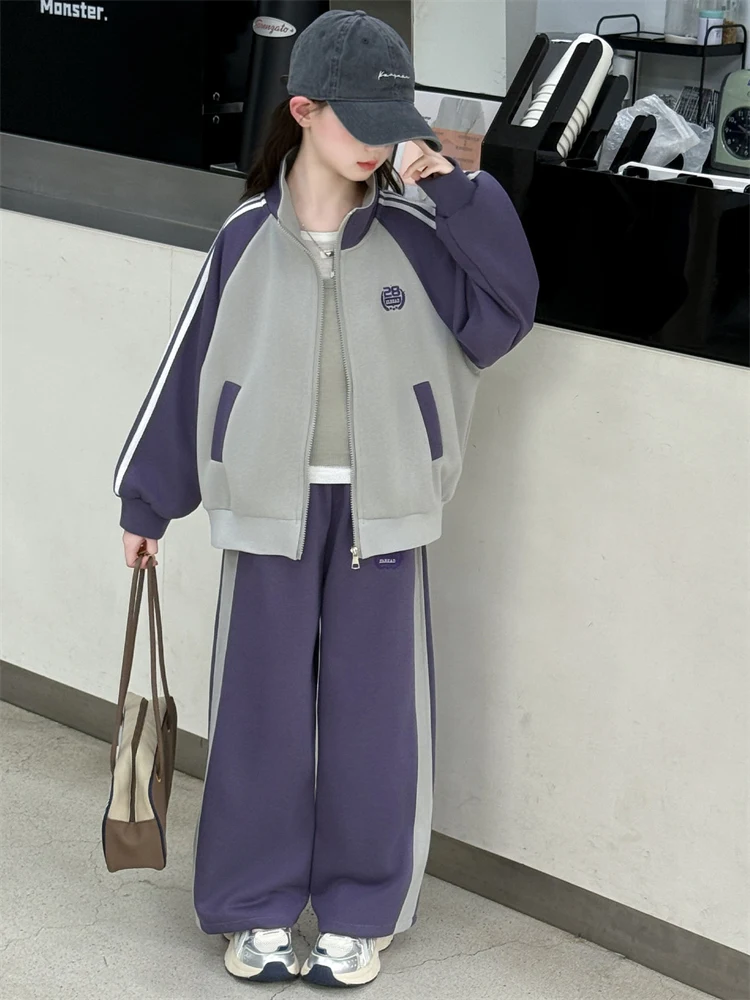 

Girls Casual Faionable Two-Piece Set Autumn Clothes Wide Leg Pants Korean Sle Children's Outerwear Cotton Long Sve Zipper