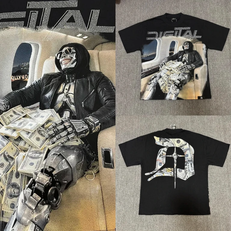 2026 New Arrival DIGITAL Men's T-shirt Black Loose Retro Skull Airplane Print Casual Short Sleeved Top Fast Delivery