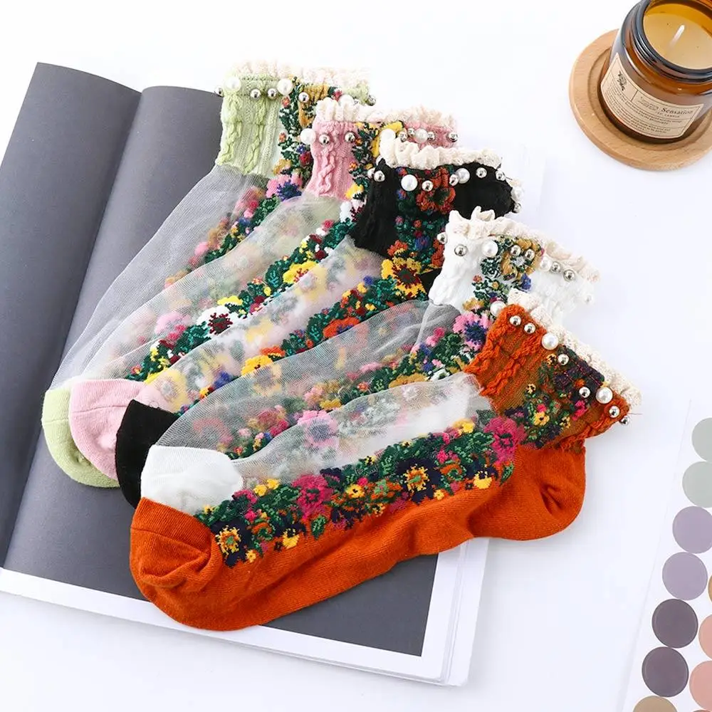Calzini Lolita trasparenti da donna Calzini corti in rete primaverile con bocca superficiale Calzini da barca con fiori ricamati
