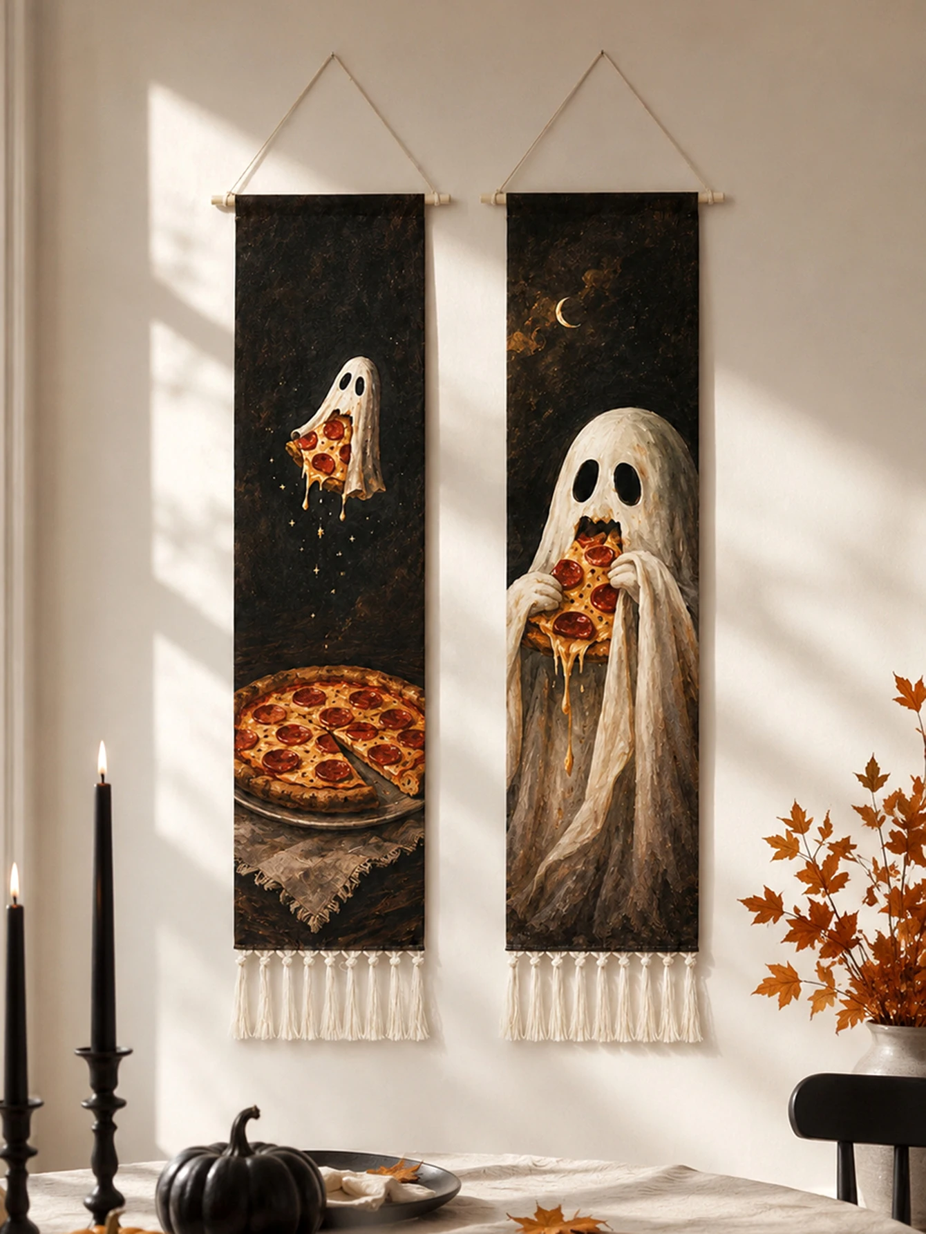 Halloween-Wandteppich mit Quasten, Gotische Hexe, Schwarze Katze, Krähe, Geisterhaus, Totenkopf-Druck, Vintage Grusel-Wandbehang Deko – Detail 40