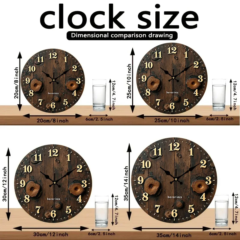 2D Flat. 1pc. Vintage Wooden Stump Themed Style Wall Clock - Silent Decorative Timepiece, Creative Wall Clock, Suitable for Bedroom, Living Room, Office Decor, 20.32/25.4/30.48/35.56 cm (AA Battery Not Included)