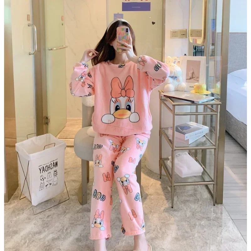 Disney Donald Duck New Winter Flannel Pajamas Fleece Thickened Warm Crew Neck Women\'s Pajamas Homewear Suit Silk Pajamas Women