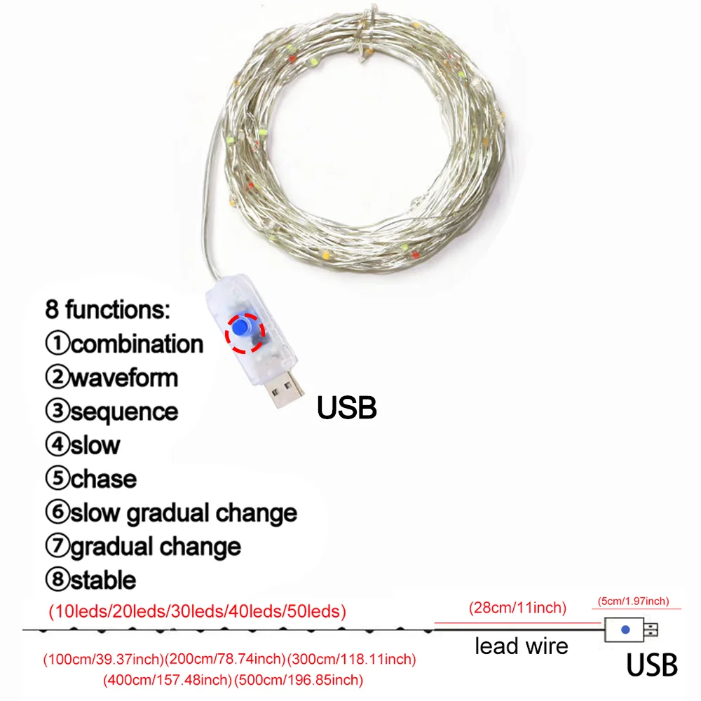 ไฟ LED ทองแดงสายไฟ USB 8 โหมดกันน้ําไฟ Fairy Garland DIY คริสต์มาสงานแต่งงานโคมไฟตกแต่ง