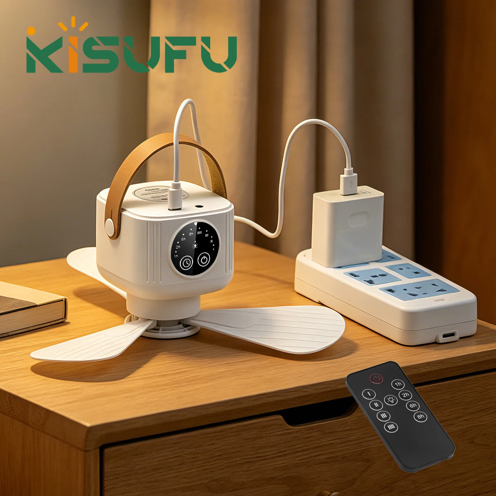 ポータブル天井ファン調光可能な白-7200mah-usb-充電式小型扇風機リモート屋外キャンプルームテント照明付き