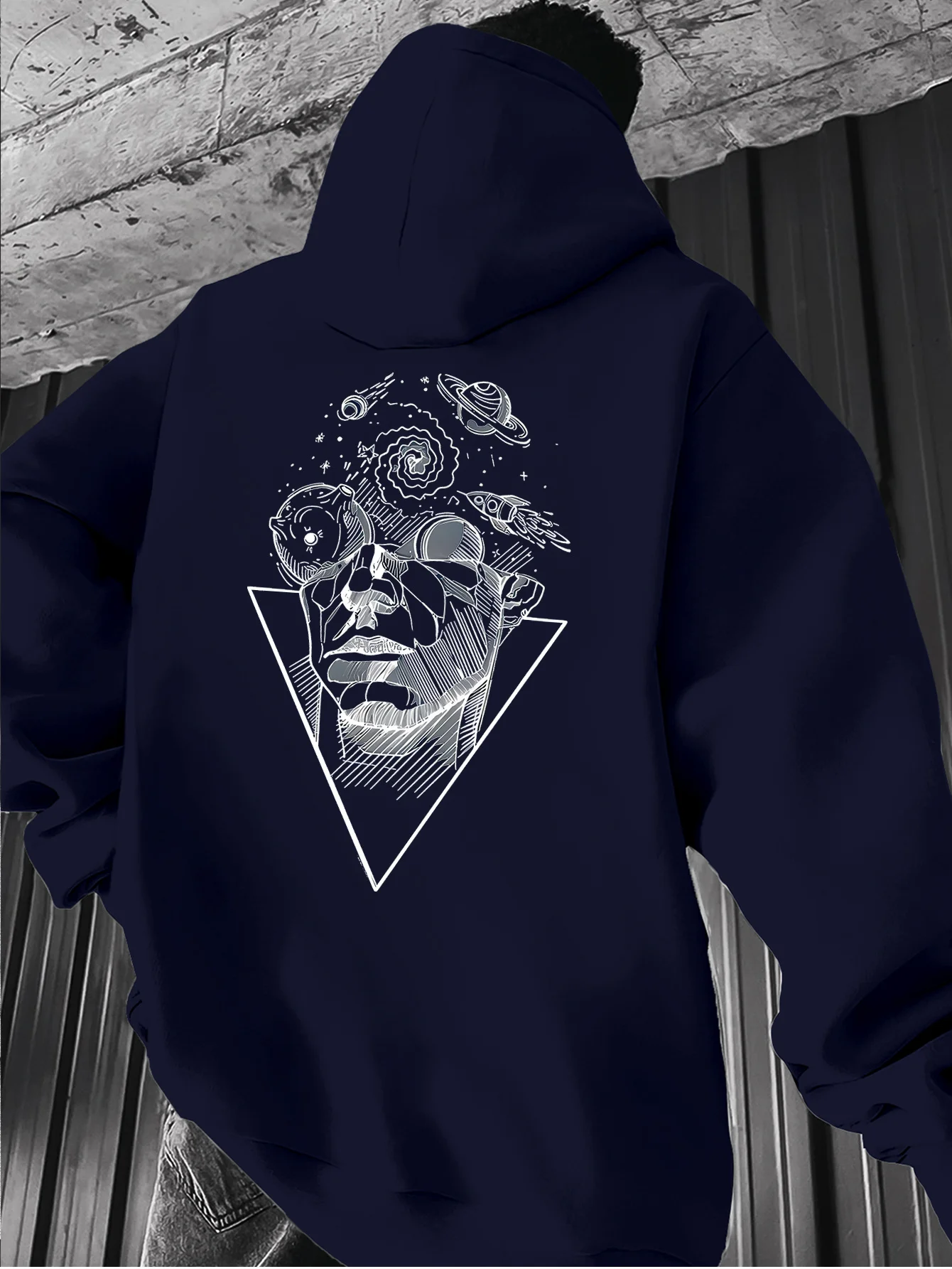 Cyber Universe Men's Line Art Print Fall/Winter Hooded Sweatshirt, American Streetwear, Loose-Fitting Casual Shirt