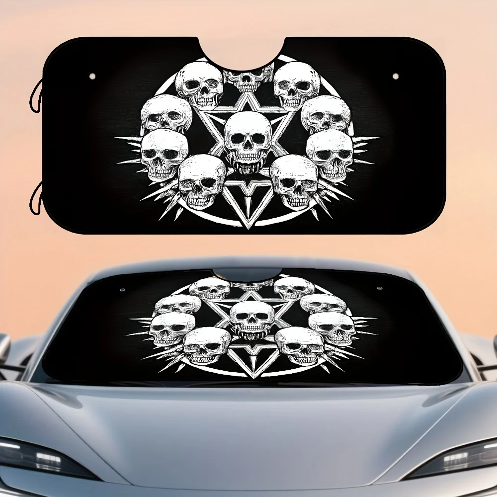 1pc Gothic Skull Pentagram Car Sunshade - Foldable Windshield Cover With Suction Cup Design For Stability, Durable Polyester, Fi