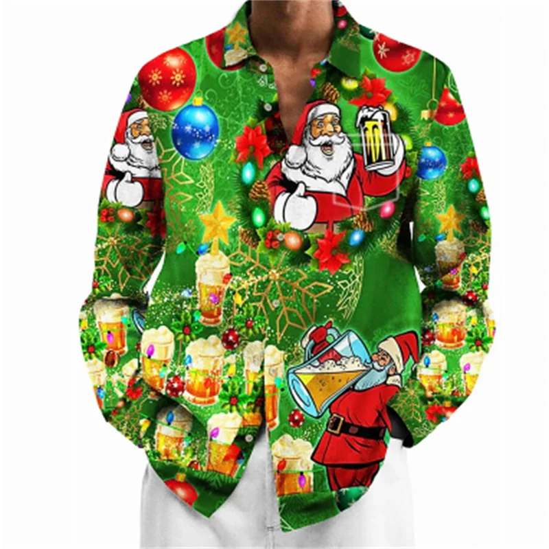 2023 New Fun Christmas Themed 3D Printed Men\'s Shirts Casual Long Sleeve Streetwear Tops Unisex Holiday Party Hawaiian Shirts