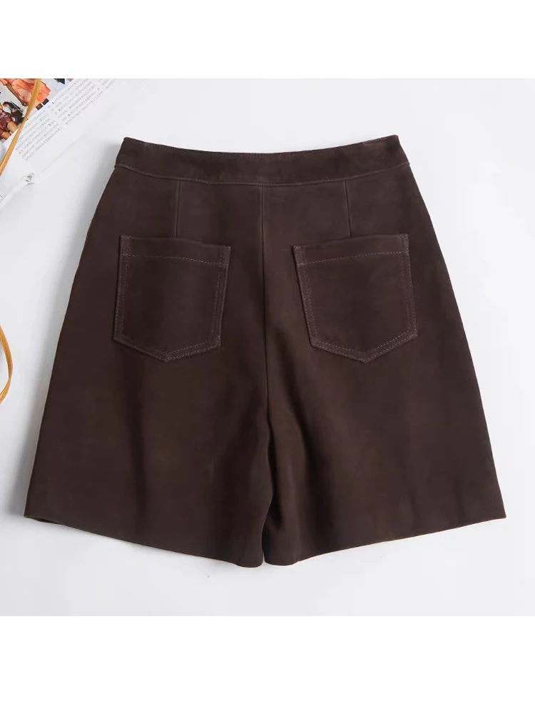 Retro Women's Kid Suede Leather Shorts 2025 Spring Vertical Bar Sheepskin  Pants Mujer Casual Pantalones Cortos