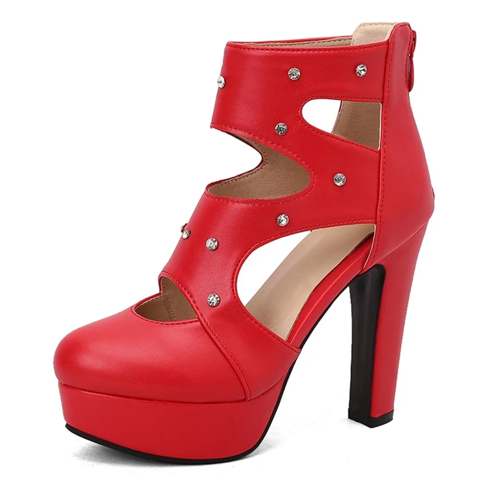 BLXQPYT Women High Heel Sandals Rhinestone Cutout Platform Block Heel Back Zipper Party Dress Sandals Big Size 34‑50 338-70