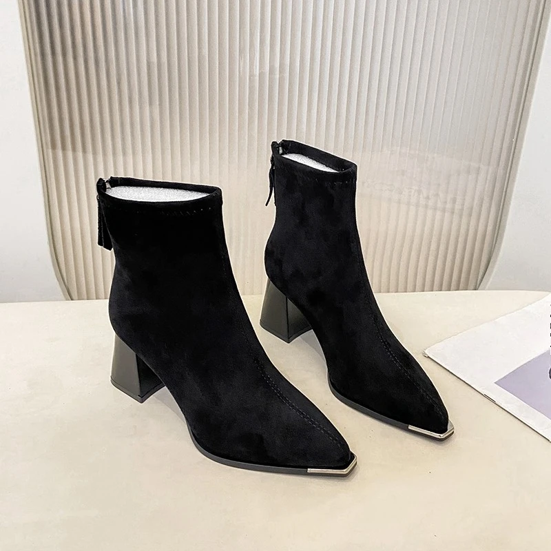 Fashion Pointed Toe Suede Single Boots 2026 New Temperament Block Heel Fashion Boots Booties Women image 6