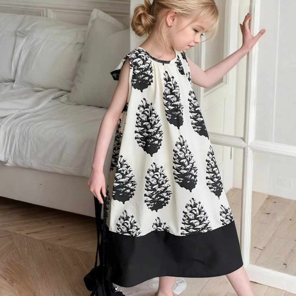 

Summer Mother Clothes Girls Backless Bow Sundress Children Vintage Nut Printing Dress Color-matching Slip Dress Sleeveless