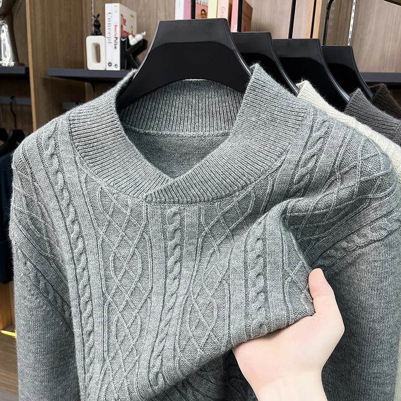 High Quality solid color jacquard knitted sweater men new thicken warm autumn winter casual fashion personality V-neck pullover
