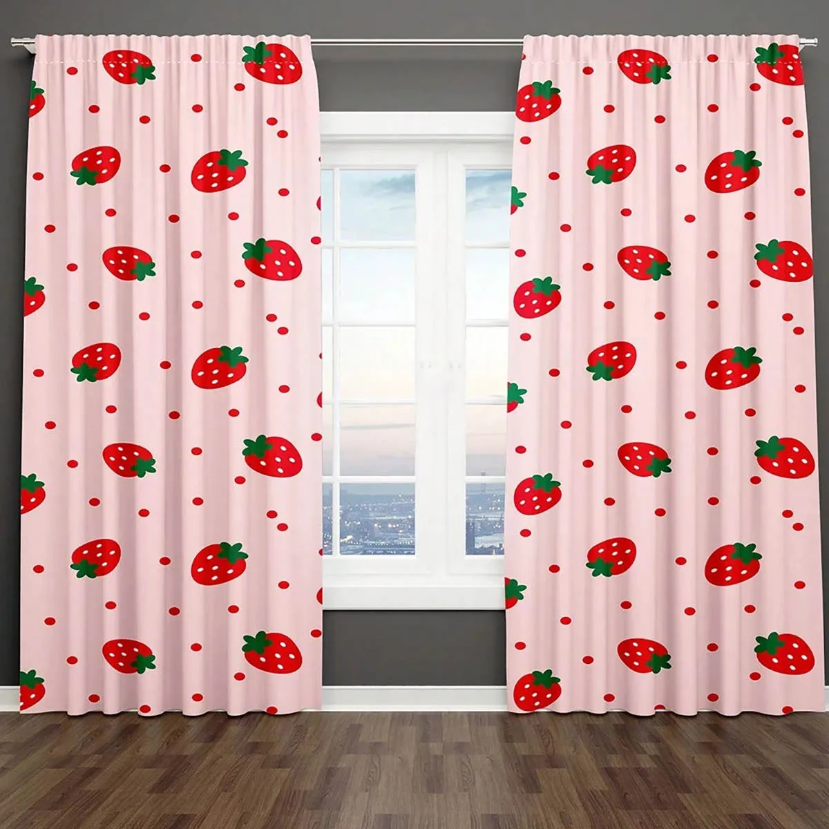 window curtains, pink strawberry cartoon print curtains, suitable for bedroom, kitchen, and living room, as a children's gift