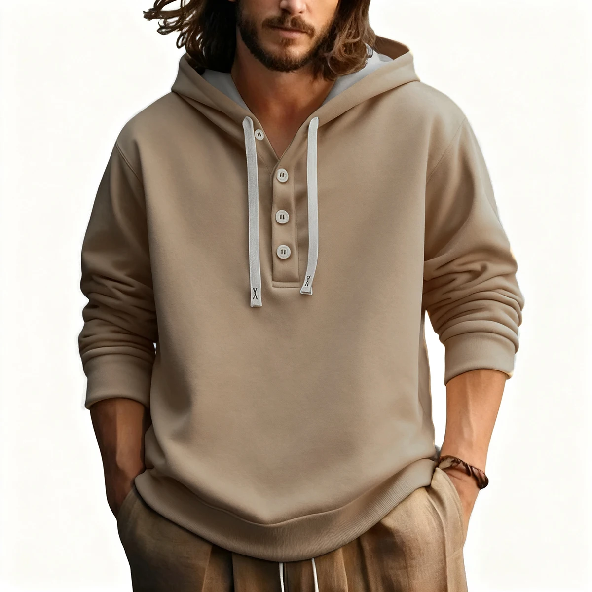 موضة جديدة لعام 2026 غير رسمية بأكمام طويلة وفضفاضة غير رسمية على شكل حرف v وزر بقلنسوة متعدد الألوان اختياري برباط جيب بقلنسوة للعرق