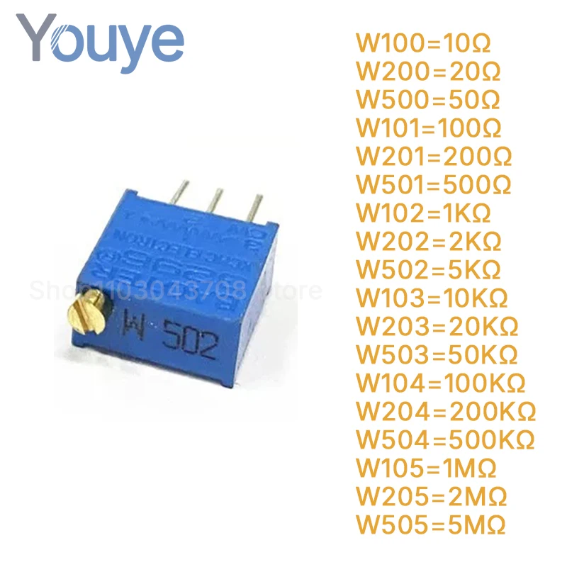 10PCS 3296W 10% 3296 10 20 50 100 200 500R 1K 2K 5K 10K ohm 20K 50K 100K 200K 500K 1M 2MΩ Trimpot Trimmer Potentiometer knob