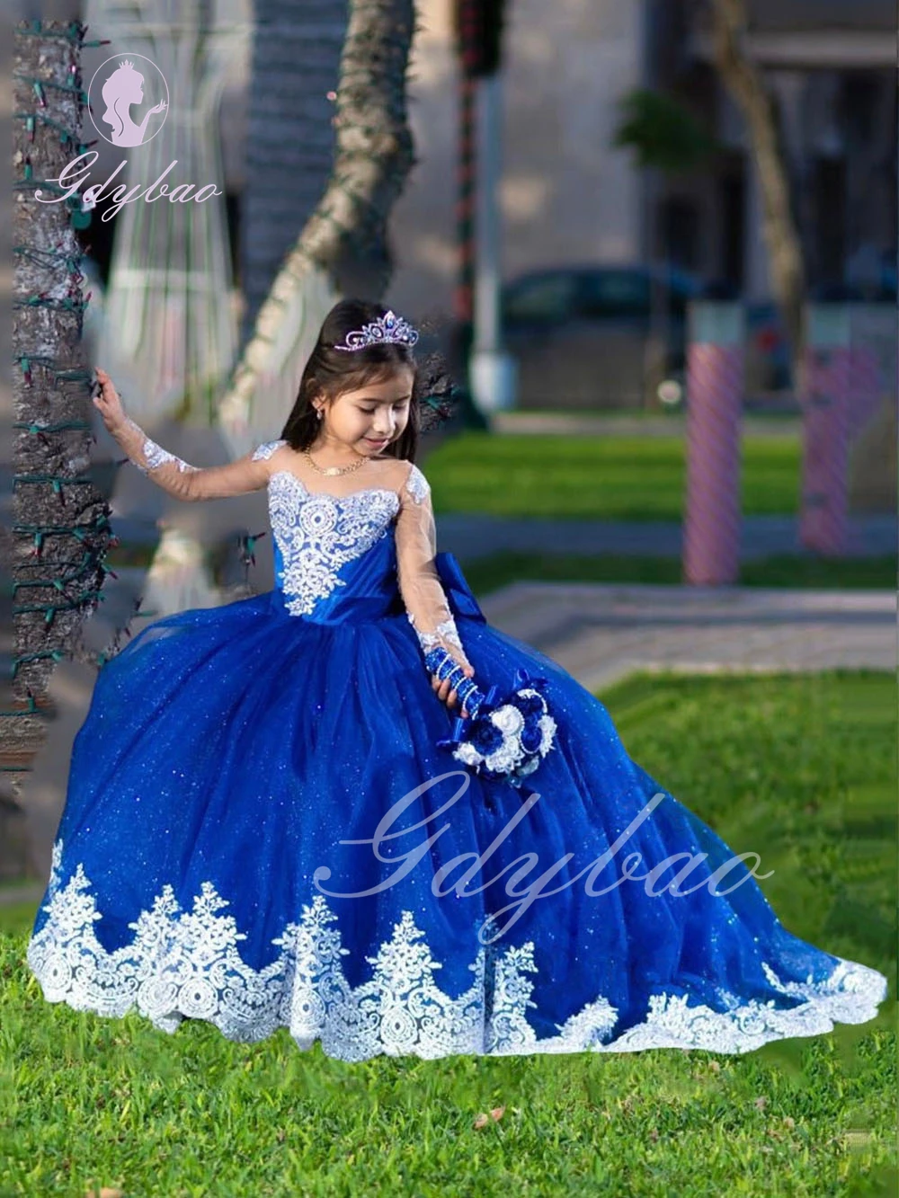 

Royal Blue Applique Flower Girl Dress For Wedding Tulle Floor Length Puffy Shining Kids Birthday First Communion Princess Gowns