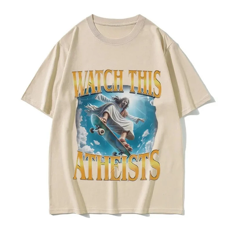 Funny Watch This Atheists Jesus Skateboarding Meme T-shirt Women Fashion Casual T Shirts Female Vintage Summer Short Sleeve