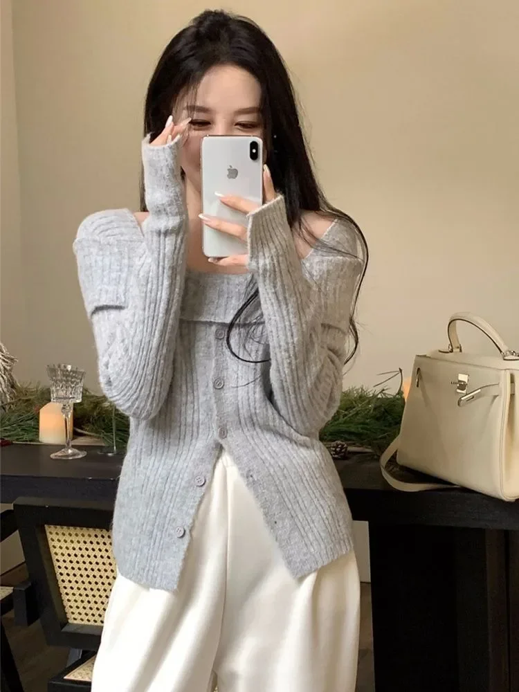 Deeptown Korean Gray Off Shoulder Knit Sweater Women Old Money Style Long Sleeve Jerseys Y2K Gyaru Slash Neck Basic Jumper Tops